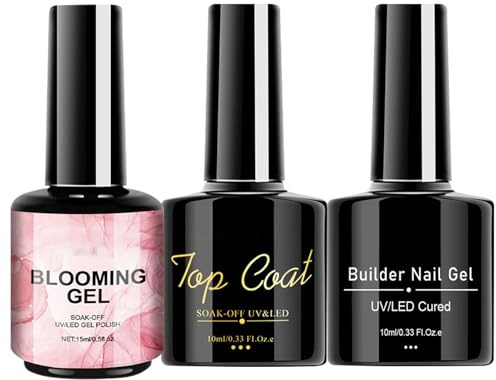 3pcs Nail Gel Varnish Kit | Gel Floreciente + Base + Cubierta | Efecto de propagación sostenible, acabado brillante, conjunto largo | Manicura casera simple y limpia