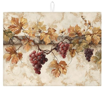 Grape Vine Dish Drying Mats For Kitchen Counter, Rustic Grape Leaf Absorbent Drainer Mat, Vintage Microfiber Drying Pad For Kitchen Coffee Bar 18x24 Inch