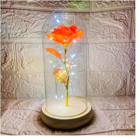 Rose Eternelle, Rose Eternelle Sous Cloche Fleur en feuille d'or 24K dans un couvercle verre, Rose éternelle, cadeau de saint-valentin for petite amie, fête mariage, demoiselle d'honneur(Orange)