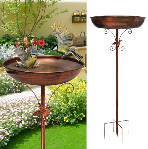 Newthinking Vogeltränke Stehend, 39 Zoll, Vogelbad Garten, frostsicher | Metall-Vogelbad mit Vogelrelief, 3-in-1 Vogelbad Stehend, Baden, Trinken, Füttern, winterfest, rostfrei. Für Garten, Natur