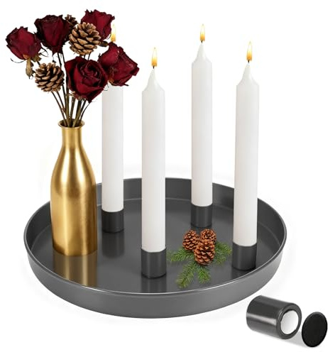 Freyeeti Metall Deko Tablett, Magnet Kerzentablett, Metall Kerzen Tablett | 25 cm mit 4 Magnet Stabkerzenhaltern, Geeignet für Tischdekoration, Kerzenständer, Kerzentabletts, Adventskränze, grau