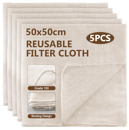 Wanheart 5PCS Cheesecloth,Grade 100 Unbleached Muslin Cloths for Cooking,Cheese Cloths for Straining,Reusable and Washable,for Filtering Cheese,Butter,Coffee,Nut Milk, Juice,Tea (50 x 50 cm)