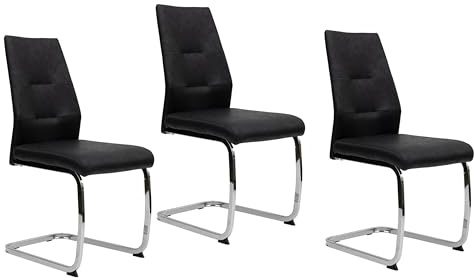 TRISENS Moderne Esszimmerstühle Lederoptik gepolsterte Freischwinger mit robustem Metallgestell Pflegeleichte Schwingstühle mit atmungsaktiver Oberfläche, Auswahl (Schwarz mit Chrombeinen, 3 Stück)