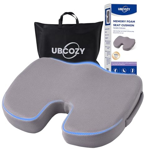 Memory Foam Seat Cushion for Office Chair, Car, Airplane, Wheelchair– Relieves Lumbar, Orthopedic, Sciatic, Coccyx and Back Pain – Comfortable Non-Slip – Variable Thickness: 2.75'' or 3.15'' (Gray)