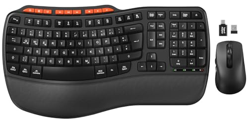 Tastatur Maus Set Kabellos, Wave Tasten, Gepolsterte Handballenauflage | Mehrere Neigungswinkel, Ergonomische Funktastatur in Voller Größe, 3 DPI, USB-A/USB-C für Windows/Mac/Desktop/Laptop/PC -MA31
