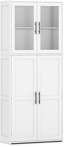 COSTWAY 168cm Tall Kitchen Cupboard, Pantry Storage Cabinet with Tempered Glass Door, Adjustable Shelf & Hanging Hooks, Freestanding Sideboard Organizer Unit for Home Dining Room Bathroom (White)
