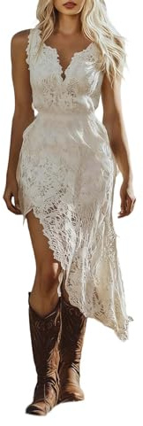 DASONLUE Abito da donna Bohemian Cowboy stile western lungo estivo Hippie senza cintura Cowgirl scollo a V asimmetrico senza maniche Boho Chic spalline sottili mini abito sexy, bianco, L