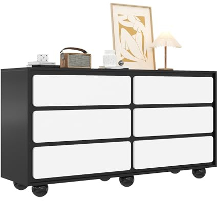 Generisch Cómoda moderna con 6 cajones, diseño en blanco y negro, marco delgado, esquinas redondeadas y patas de metal resistentes, solución de almacenamiento práctica para ropa, cosméticos y