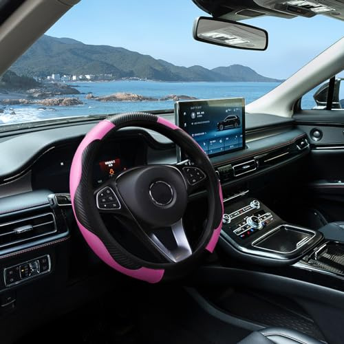 Eleganter rosa Lenkradbezug für Autos, universeller dehnbarer Lenkradbezug in Einheitsgröße 36,8–38,1 cm (14,5–15 Zoll), weicher Leder-Auto-Lenkradbezug, rutschfest, atmungsaktiv