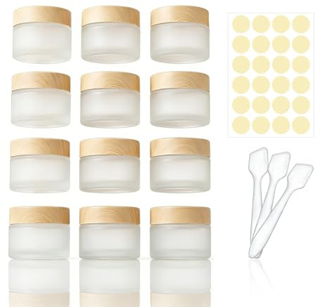 Lot de 12 mini pots de crème en verre avec couvercle en bois, spatule et étiquettes sans BPA pour voyage lotion échantillons soins du visage