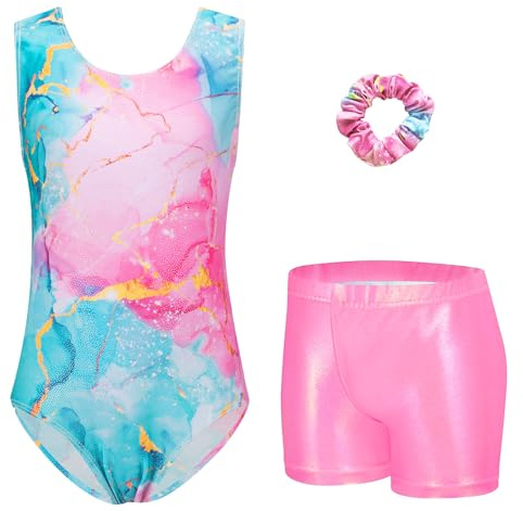 Arshiner Girls Gymnastics Leotard Kids Sleeveless 3Pcs Gymnastik Outfit | Printed Gymnastik Suit,Leotards Shorts Hairband,Sparkly Bodysuit,Training Dancewear Set,3-12 Years