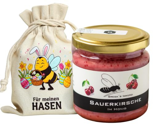 Grega's Imkerei - Honig Geschenkset im Leinensäckchen Für meinen Hasen | 250g Honigspezialität nach Wahl | Ideales Ostergeschenk & Osternest-Füllung | Vom Imker (Sauerkirsche im Honig 250g)