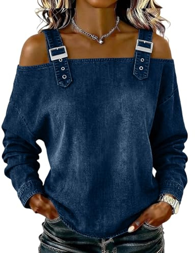 Off the Shoulder Tops Denim Shirt for Women with Adjustable Straps Long Sleeve Smart Tops Casual Blouse for Everyday Cowboy Shirts Fashion Lovers for Women UK