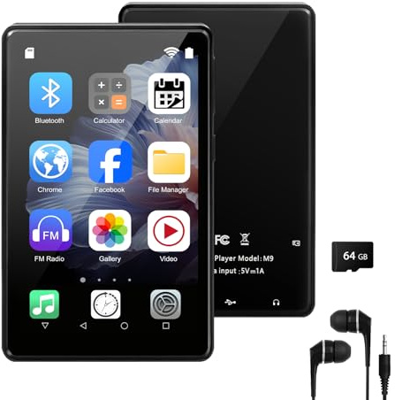 96GB MP3 Player mit Bluetooth 5.3 & WLAN, Android 13 Musikplayer für Kinder, 4 Zoll IPS Touchscreen, Spotify & Play Store kompatibel, MP4 Player mit UKW Radio, 2000mAh Akku, Kopfhörer inklusive