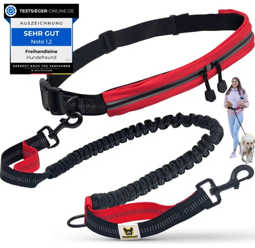 Hundefreund Joggingleine mit Bauchgurt Rot | Laufleine Elastisch Ruckdämpfend Reflektierend für mittelgroße und große Hunde bis 70 kg | Freie Hände zum Joggen Laufen Radfahren Wandern