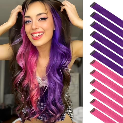 FESHFEN Estensione dei Capelli Colorati, Colore Rosa Viola Estensioni dei Capelli 12 PZ Naturale Sintetico Colorato Posticcio Capelli Lunghi Estensioni dei Capelli per Le Donne 50 cm