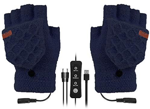 SoulQ USB-uppvärmda handskar med justerbar temperatur, unisex, tvättbara halvfingrar, vinterhandvärmare med 3 temperaturnivåer (marinblå)