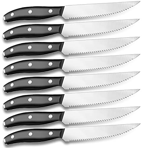 Home Safety Steak Knives, Set of 8, Steak Knife Set Made of Stainless Steel with Ultra Sharp Serrated Edge, Non-Slip Ergonomic Handles, Serrated Knives with Gift Box