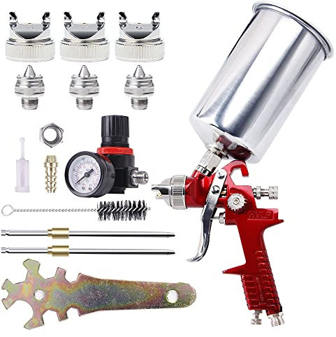 Pindex HVLP Gravity Feed Air Spray Gun with 3 Nozzles 1.4/1.7/2.5 mm,Air Paint Sprayer with 1000CC Aluminum Cup for Car Furniture Decoration Fence Paint House DIY (Red)
