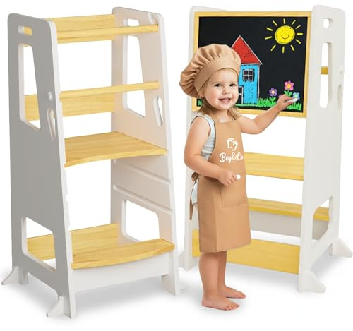 BEY & CO® Torre di Apprendimento/Osservazione in Legno – Learning Tower per Bambini – 3 Altezze Regolabili, Superficie Antiscivolo e Piedini Antiribaltamento - Metodo Montessori (Bianco)