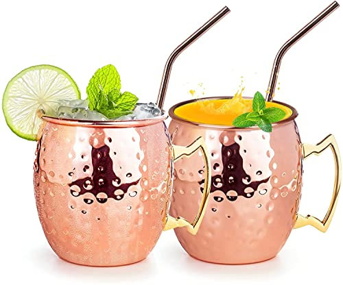 izdeel Moscow Mule Copper Mugs Set 550ml Cups for Cocktails, Gin, Beer, Cold Drinks, Home, Bar, Party, Valentine's Day Gifts Box (2 Cups and 2 Straws)