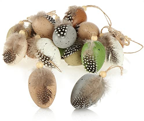 com-four® 18x Ostereier zum Anhängen - Hängedeko für den Osterstrauch 6 x 4 cm - farbige Ostereier mit Federn und Holzperle in Wachtelei-Optik - Deko-Eier aus Kunststoff