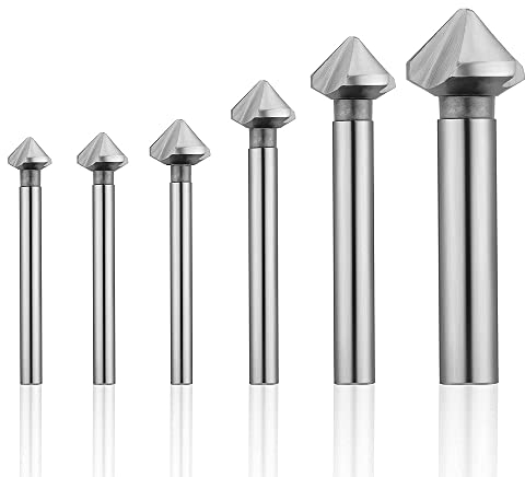 Fixinus 6 tlg Kegelsenker Satz Metall Hss, 90° HSS Senker Entgrater Set mit Titan Beschichtet und präzise Positionierbohrer für die Bohrung von Brett Dämmplatte - 6.3/8.3/10.4/12.4/16.5/20.5mm