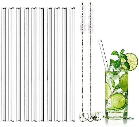 DONQL 10 Pcs Glass Straws Reusable, Glass Straw with 2 Cleaning Brushes | Drinking Straws with 20cm Length, Transparent Clear Straws Perfect for Milk, Coffee, Coctail (Straight)