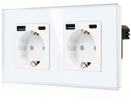 CNBINGO Doppelsteckdose Unterputz, 2x USB-A/C Schnellladen, Glas Weiß | Schuko Steckdose mit 20W Schnellladen USB-Anschluss, 2-Fach Wandsteckdose Kindersicherung, Horizontal/ Vertikal, Glasrahmen