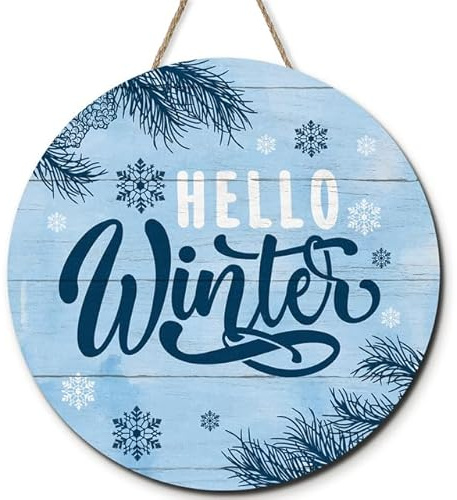Horienteeon Hello Winter Schild für Haustür, Veranda, Winter Willkommen Bauernhaus Holz Türhänger für Outdoor Outdoor Decor, rustikale Schneeflocken Holzkranz Wandbehang Dekoration 30 cm