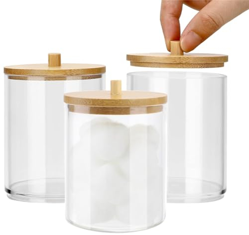 Aililong Set di 3 bastoncini di cotone acrilico trasparente con coperchio in bambù – Dispenser triplo di cotone e bastoncini per le orecchie, contenitore per la conservazione dei cosmetici.