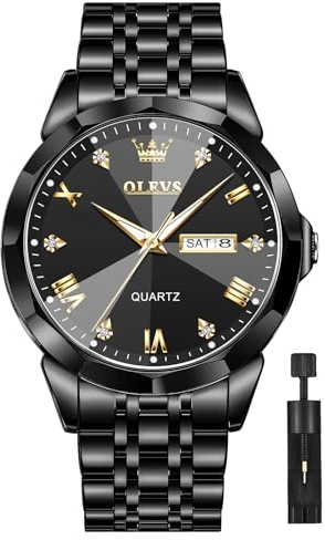 OLEVS Schwarz Herrenuhr Metallarmband Mode Wasserdicht Uhren Herren mit Datum Leuchtend Analog Geschenke Uhren fur Männer Großes Zifferblatt Lässig Quarz Armbanduhr Herren Günstig Breite Handgelenke