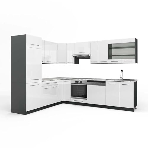 Vicco Eckküche Fame-Line, Weiß Hochglanz/Anthrazit, 227 x 287 cm, AP Marmor