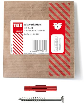 TOX 5x31 mm Allzweckdübel TRI Schraube, Dübel für zuverlässige Befestigungen in Fast Allen Baustoffen, 6 Stück in Einer wiederverschließbaren und umweltschonenden Papierverpackung, 010601021, Rot