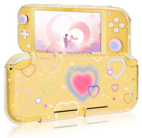 DLseego Coque compatible avec Switch Lite, coque transparente en silicone souple à paillettes antichoc et anti-rayures avec 2 capuchons pour les pouces, cœur rose