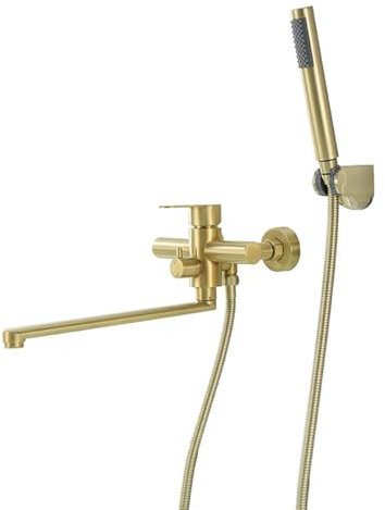 Tivezlor Badewannenarmatur mit Handbrause, Edelstahl Wannenarmatur mit 180° schwenkbarem langem Auslauf, Mischbatterie Badewanne, Wand Einhebel-Badewannenarmatur Gebürstetes Gold