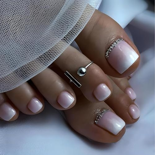 NATOSU 24 Pezzi Unghie Piedi Corti a Pressione, Artificiali Quadrate - Sfumatura Rosa e Bianco con Disegni Strass