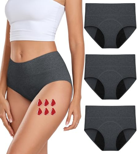 coskefy Periodenunterschwäsche Starke Blutung Perioden Unterhosen Damen Menstruationsunterwäsche Atmungsaktiv Postpartum Slips 3er Pack Grau S