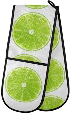 Double Oven Gloves Heat Resistant Green Lemon Double Oven Mitts Pot Holder Heat Protection Oven Gloves for Home Kitchen Baking Cooking BBQ Microwave