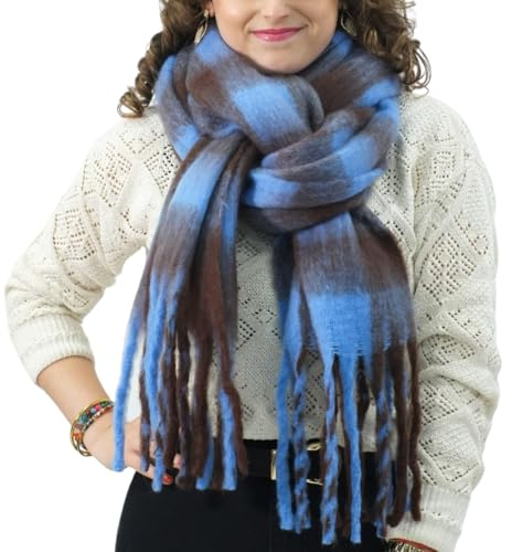 XIFRIKA Bufanda de Mujer para Invierno Tamaño XXL 248x39cm de Cuadros Azul y Marrón. Bufanda Suave, Cálida, Extragrande. 100% Poliéster con Flecos para Uso Diario