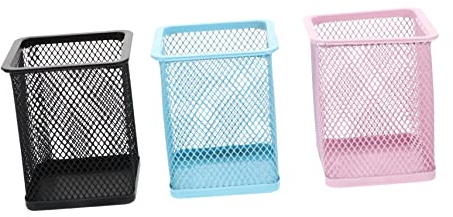 Lurrose 3pcs Metal Mesh Pencil Holder Set, Rectangular Desktop Pen Container Organizer for Office and School, Pink Blue Black Stationery Pot for Desk Supplies Storage