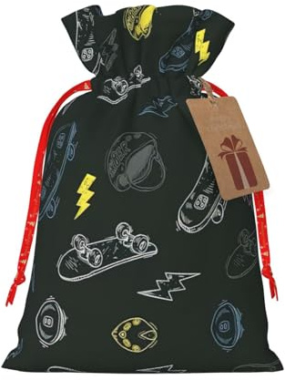 HJLUUFT Jutebeutel mit Graffiti-Skateboard-Druck, Weihnachtsgeschenktasche mit Kordelzug und Geschenkanhänger, für Hochzeit, Weihnachten, Party