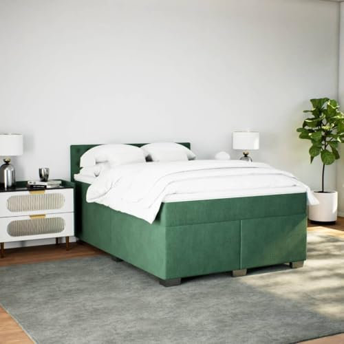 KOIECETA Boxspringbett Polsterbett Bett mit Matratze Bettgestell mit Kopfteil Lattenrost Einzelbett für Schlafzimmer Dunkelgrün 140x200 cm Samt