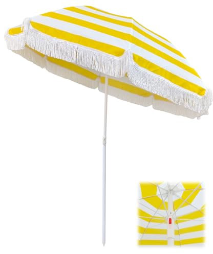 Ombrellone da spiaggia a righe gialle e bianche con frange, protezione UV50+, 180 cm, ombrellone da giardino con design impermeabile e inclinabile