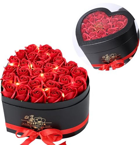 HyeFlora 30 Pcs Fake Red Roses in a Heart Box Birthday Gifts for Women, Red Roses Artificial Flowers for Valentines Day Gifts for Wife Mom Girlfriend Grandma Anniversary Christmas Mothers Day