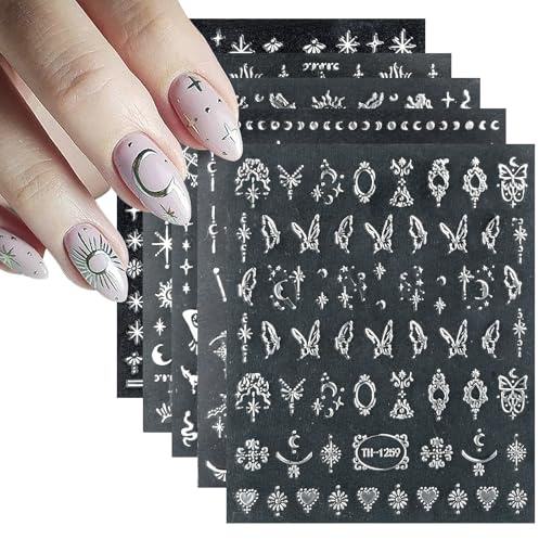 Hoxfly Nagelsticker, 9 Stück Nagelaufkleber Selbstklebend, 3D Stern Mond Sonne Nagelaufkleber, Fingernägel Aufkleber für Damen, Nail Art Stickers für Mädchen, DIY Dekorationen, Phone Case (Silber)