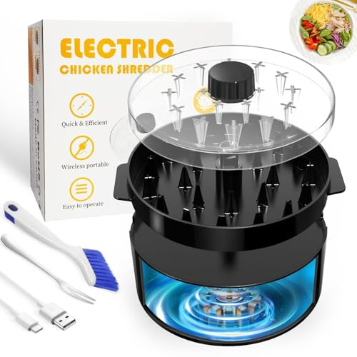 Fitdays Automatic Electric Chicken Shredder |Type-C Fast Charge & 60min Runtime |8/20CM Visible Shredding Chamber with Brush/Fork |BPA-Free Dishwasher Safe|for Meal Prep/Bodybuilding/Kitchen (Black)