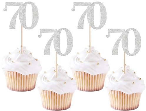 Xsstarmi 36 Pack Number 70 Cupcake Toppers Silver Glitter Cheers to 70 Years Birthday Cupcake Picks Decoration for Happy 70th Birthday Wedding Anniversary Party Cake Decorations