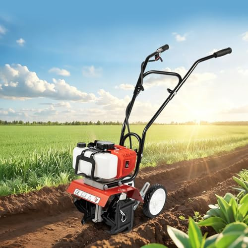 Motoculteur 52 cc 2 temps Motobineuse à essence 1700 W 7000 tr/min Motoculteur Cultivateur Roues avant et arrière réglables refroidi par air Cultivateur 4 lames dures Diamètre 22 cm
