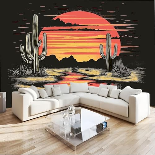 Black Non-Woven Photo Wallpaper Mural 150 x 105 cm Abstract Desert Cactus Sun Photo Wallpaper – Bedroom Wall Art Decoration, Eco-Friendly Mural for Living Room Kids Bedroom